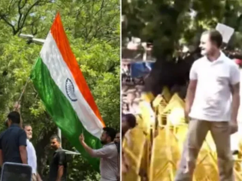 Rahul Gandhi climbs police barricade during INDIA bloc protest against election chief